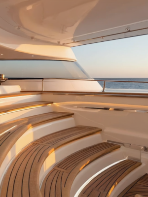 Interior staircase inside a luxury yacht, teak wood steps, spotless and glossy, ambient lighting with soft shadows, modern handrails, elegant design, golden hour light entering from nearby windows, photorealistic, c